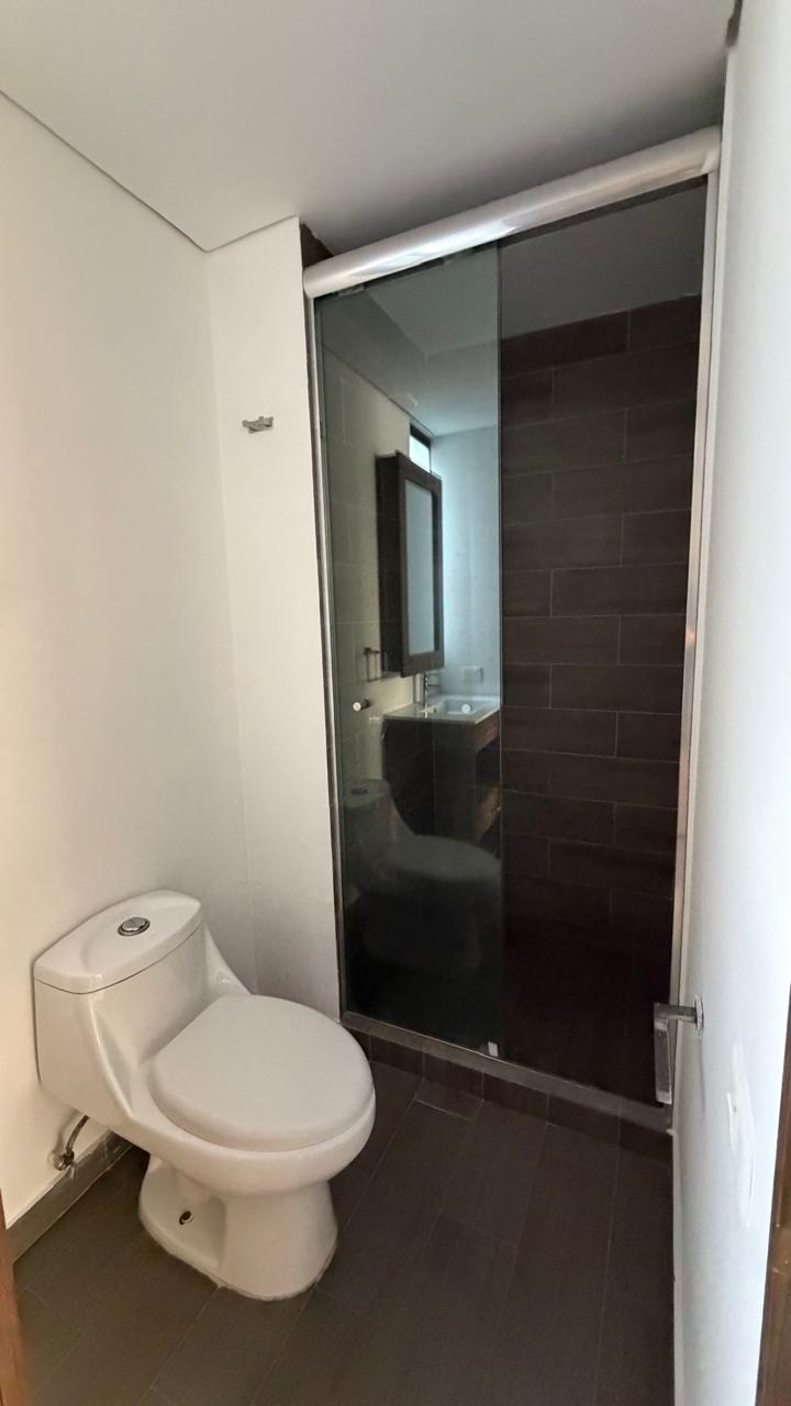 Medio baño con regadera y acabados en tono oscuro