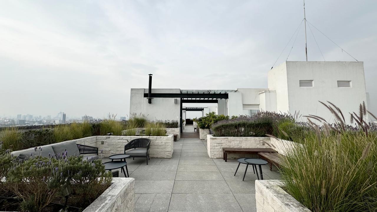 Roof garden con jardineras, camastros y áreas de descanso