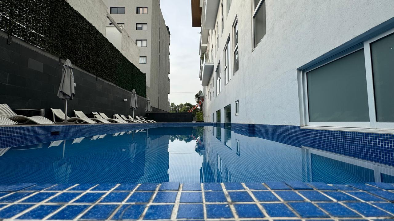 Alberca exterior con camastros y sombrillas